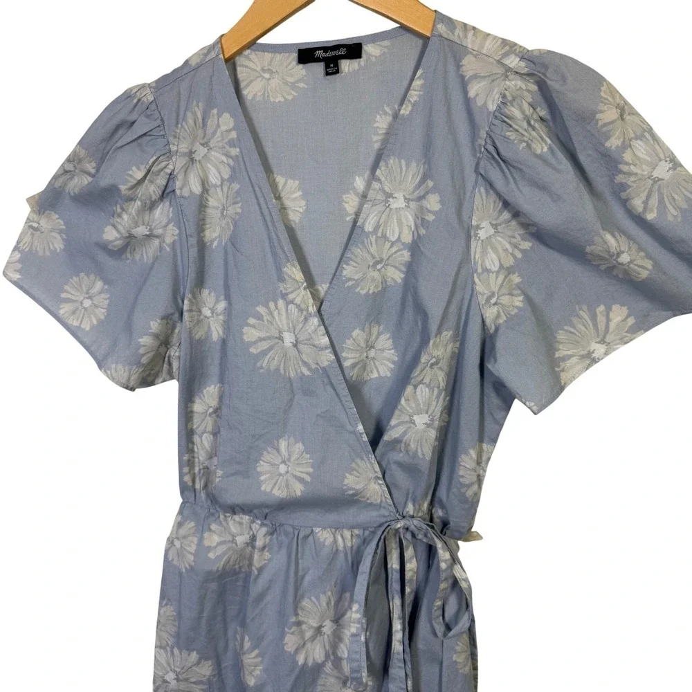 Madewell Womens Dress Medium Floral Wrap Mini Puff Sleeve Blue White Lightweight